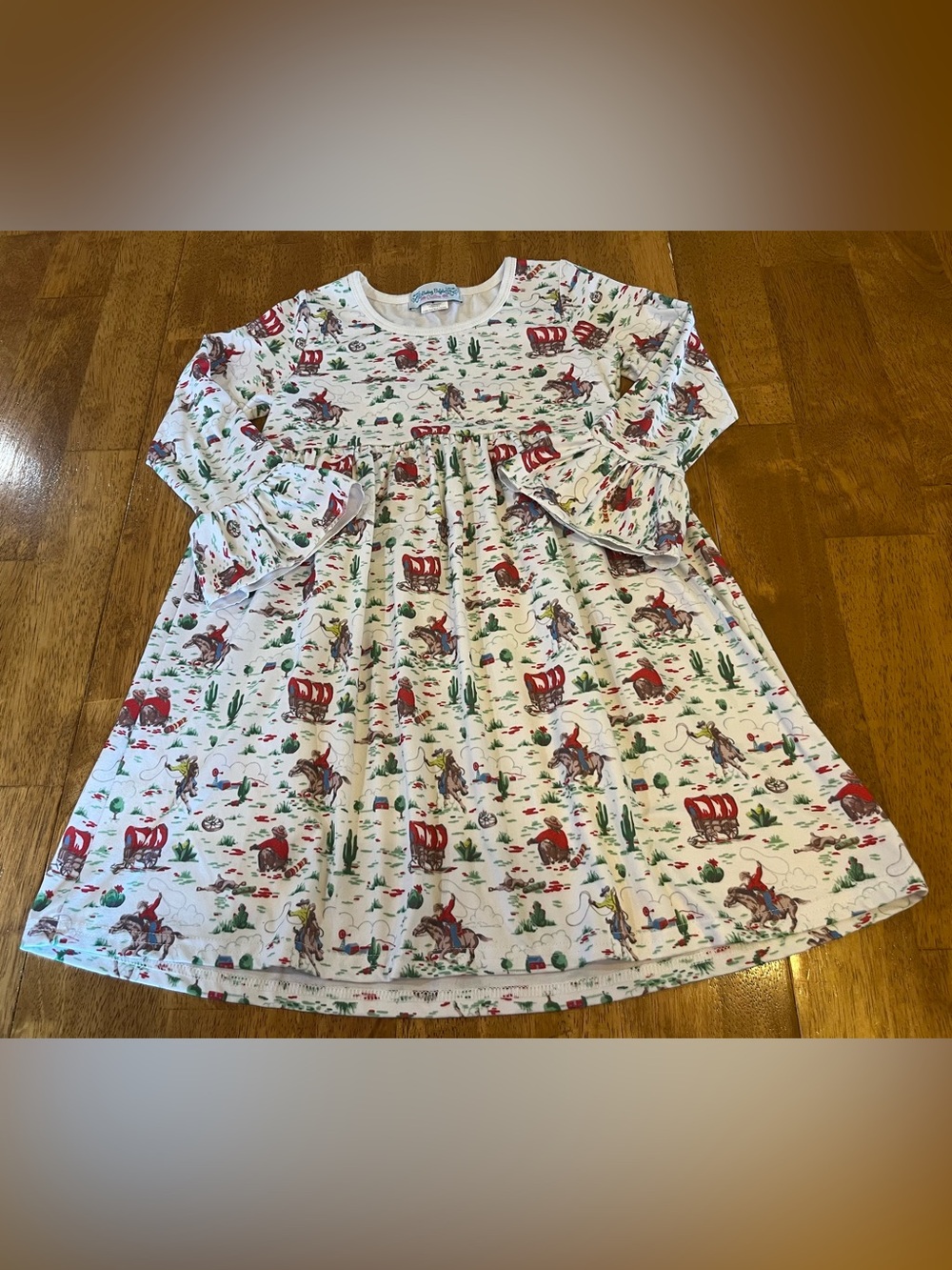Western Cowboy Long Sleeve Dress Girl's Sz 4 Cactus Covered Wagons Saddles